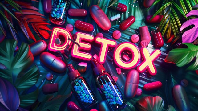 A colorful image showcasing the word DETOX surrounded by pills and leaves.