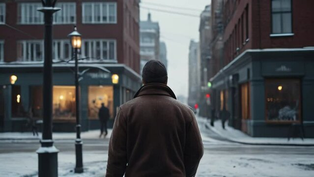 man walking in the winter city, AI Generative