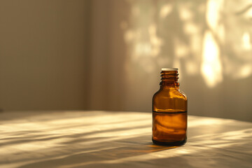 A bottle of aromatherapy essential oil on a table with copy space - 779708232