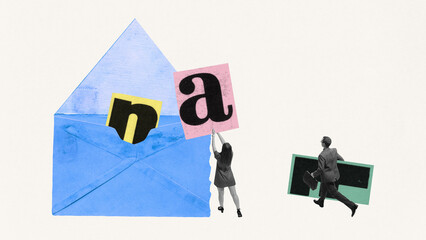 Contemporary art collage. Young man and woman in monochrome filter works in team put huge letter to blue envelope. Concept of business development, teamwork, analyzing,