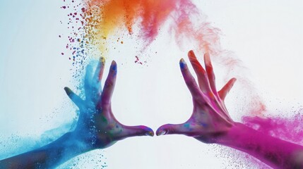 Hands throwing Holi colors in the air at the bottom. Thrown colors form a semi-circle with clear space inside for text.
