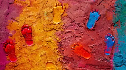 Footprints made from Holi colors leading to a clear space in the center for text.