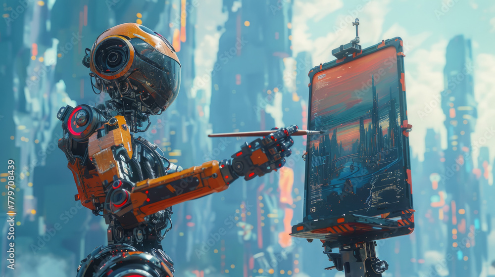 Poster ai in creativity, robot illustrates the convergence of artificial intelligence with art creation.