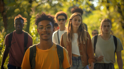 Photograph of diverse ethnicity group of young men and women walking in a park . Model photography.