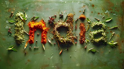Various spices arranged to spell the word 'SPICES' on a green background. - obrazy, fototapety, plakaty
