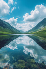 Naklejka na ściany i meble Nature Landscape, A tranquil lake mirroring a clear blue sky amidst mountains