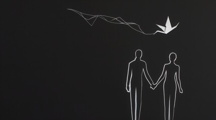 a couple holding hands, their figures outlined in white against a stark black background, with a single white origami crane flying above them