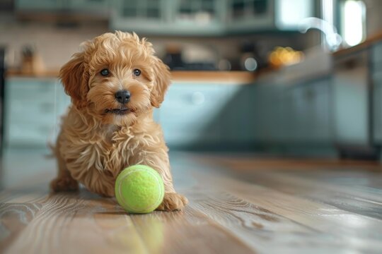 Small golden doodle pup playing with tennis ball in kitchen