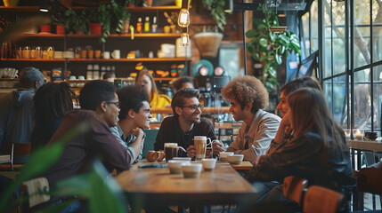 Photograph of diverse ethnicity group of young men and women in a coffee shop . Model photography.