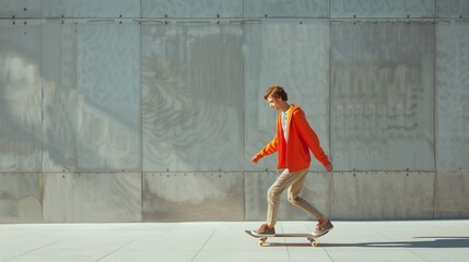 Young skateboarder riding in urban setting with textured metal background