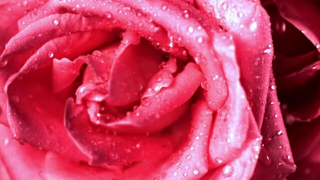Super slow motion droplets of water fall on a freshly cut rose flower. Filmed on a high-speed camera at 1000 fps. High quality FullHD footage