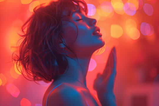 Happy carefree young woman dancing alone having fun at the party, listening to good music, energetic girl moving jumping in modern club interior neon lighting, freedom lifestyle. Walpaper, poster