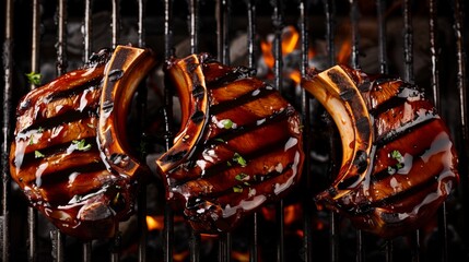 Juicy barbecued pork ribs with sauce on a flaming grill - obrazy, fototapety, plakaty