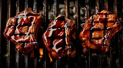 Juicy barbecued ribs with a glaze cooking on a flaming grill - obrazy, fototapety, plakaty