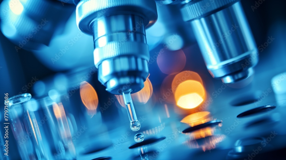 Canvas Prints Close-up of a microscope with test tubes and liquid drops in blue hues