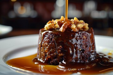 Toffee pudding with caramel and nuts - obrazy, fototapety, plakaty