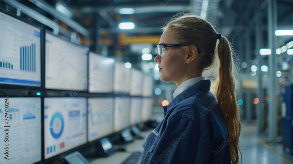 Poster industrial monitoring, a professional overseeing and analyzing data on multiple monitor displays in 