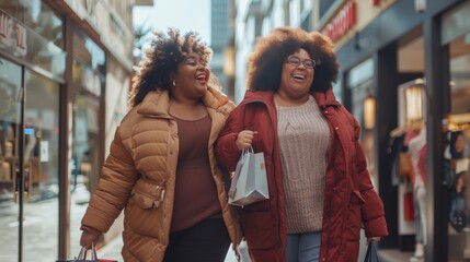Two happy women with shopping bags laughing together in a city street