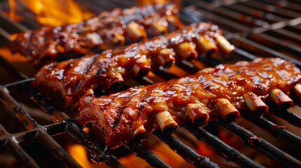 Juicy barbecued ribs with sauce grilling over open flames - obrazy, fototapety, plakaty