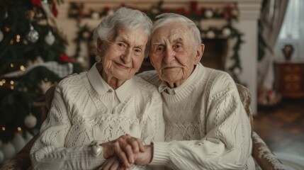 portrait of an elderly couple celebrating White Day at home. They wear matching white sweaters and hold hands lovingly, their eyes filled with tenderness and the memories of years spent together