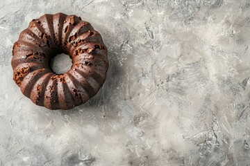 Top view of nut chocolate pound cake on light concrete background with space for text