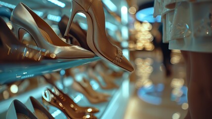 A close-up of a woman's hands as she holds a pair of elegant high-heeled shoes. The background is softly blurred but indicates a luxurious shoe store with shelves of various stylish footwear - obrazy, fototapety, plakaty