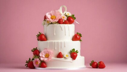 romantic and modern wedding cake with ribbons, strawberry's and flowers