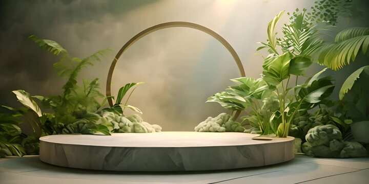 Marble empty round podium on sustainable spa relax interior background with potted plants. Scene stage showcase for beauty 4K Video