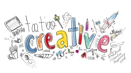 Colorful hand-drawn illustration with the word 'creative' and artistic doodles.