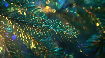 Naklejka na ściany i meble Iridescent Evergreens: Fir leaves shimmer with holographic brilliance, each leaf a canvas of shifting colors.
