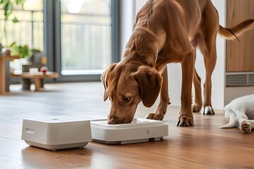 A large brown dog eating out of a white robot food dispenser.