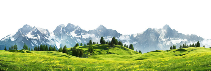 Serene alpine meadow with sprawling green grass and majestic snow-capped mountains in the distance, cut out