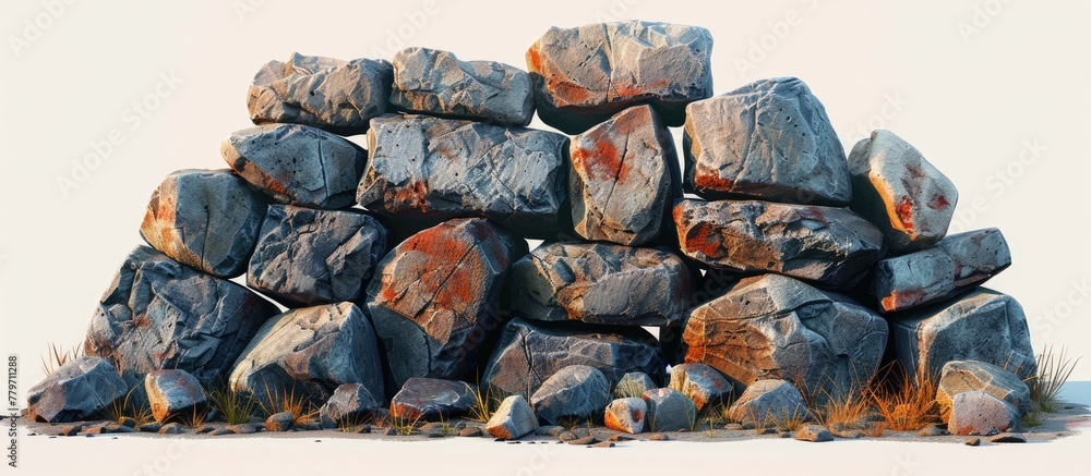 Poster a stack of rocks forms a unique piece of art against a white background. the texture and shape contr