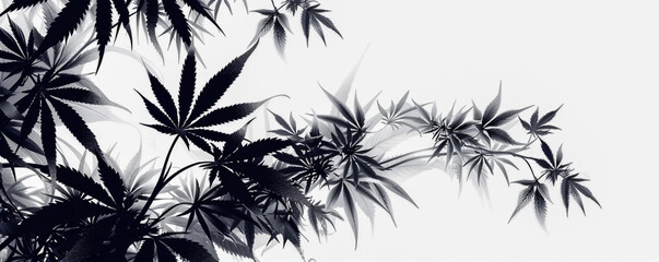 A banner with monochrome black and white watercolor painting of marijuana leaves and a space for writing text. - obrazy, fototapety, plakaty