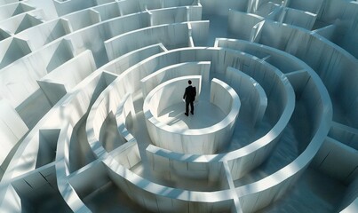 Un homme au centre d'un labyrinthe blanc complexe, symbolisant des défis complexes et interconnectés pour les entreprises. - obrazy, fototapety, plakaty