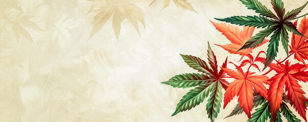 Abstract watercolor illustration with colorful red and green beautifully shaped marijuana leaves and a place for text.