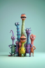 Un groupe de monstres mignons sur fond coloré, image avec espace pour texte.