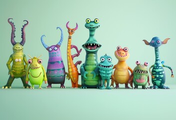 Un groupe de monstres mignons sur fond coloré, image avec espace pour texte.