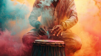 Traditional Indian drums being played with Holi colors coming out from them at the bottom. Clear, smoke-filled space at the top for text.