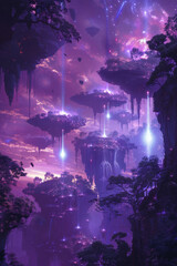 Fantasy Art, A mystical forest on an alien planet with levitating landmasses under a star-speckled purple sky. - obrazy, fototapety, plakaty