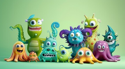 Un groupe de monstres mignons sur fond coloré.