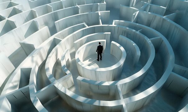 Un homme au centre d'un labyrinthe blanc complexe, symbolisant des d&eacute;fis complexes et interconnect&eacute;s pour les entreprises.