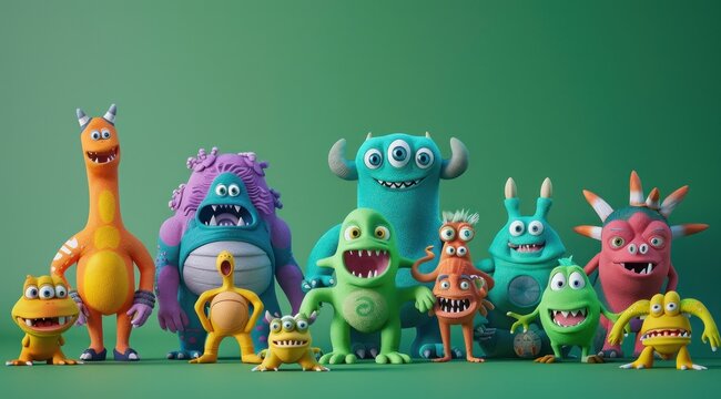 Un groupe de monstres mignons sur fond color&eacute;, image avec espace pour texte.