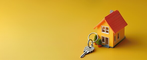 Concept de bannière publicitaire pour l'immobilier, maison avec clé sur fond coloré, image avec espace pour texte.