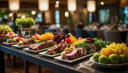 A carefully arranged buffet spread containing savory dishes and fresh produce creates a luxurious dining experience - obrazy, fototapety, plakaty