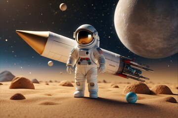 Mini astronaute sur planète lunaire, dessin animé, 3D - obrazy, fototapety, plakaty
