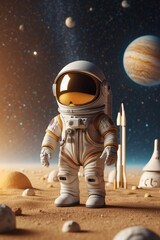 Fototapeta premium Mini astronaute sur planète lunaire, dessin animé, 3D