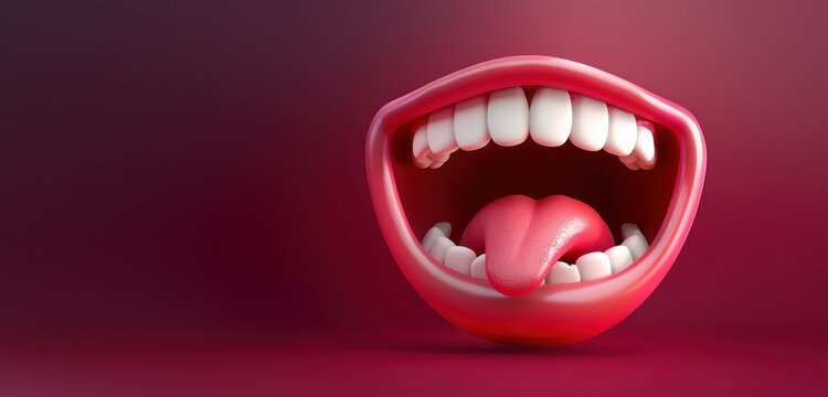 illustration rendu 3D, bouche cartoon avec une grande langue sur fond color&eacute;, image avec espace pour texte.