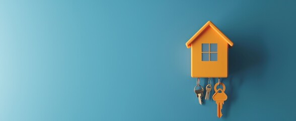 Concept de bannière publicitaire pour l'immobilier, maison avec clé sur fond coloré, image avec espace pour texte.