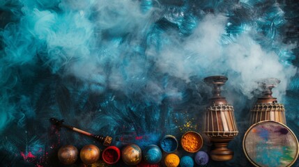 Traditional Indian musical instruments with Holi colors at the bottom. Clear, smoke-filled space at the top for text. - obrazy, fototapety, plakaty